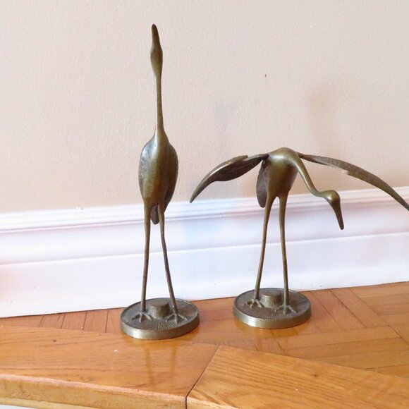 Two 1960s Solid Brass Crane Birds Ornaments Decorations / Vintage Mid-Century De - Picture 7 of 10